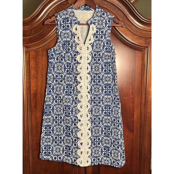 Mud Pie Sleeveless Embroidered Blue Paisley Shift Dress Cotton Stretch Medium - Picture 3 of 14